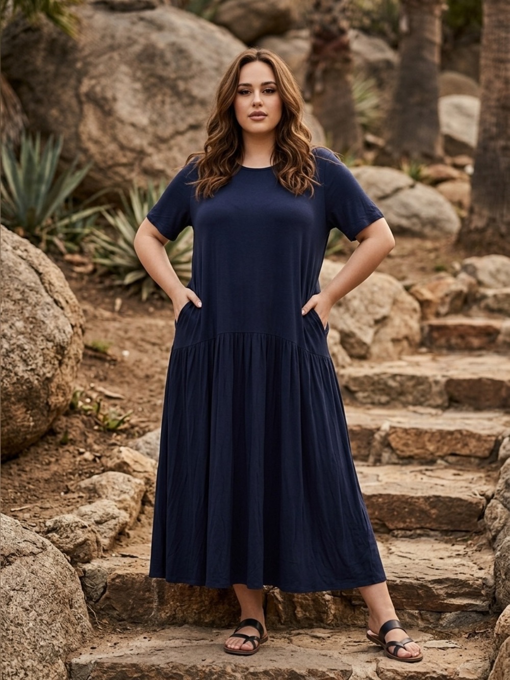 White Mark Navy Short-Sleeve Maxi Dress